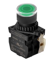 Nyomógomb - 1NO + 1NC kontakt, Zöld LED 24V AC/DC 20mA, IP65, max.250VAC / 6A